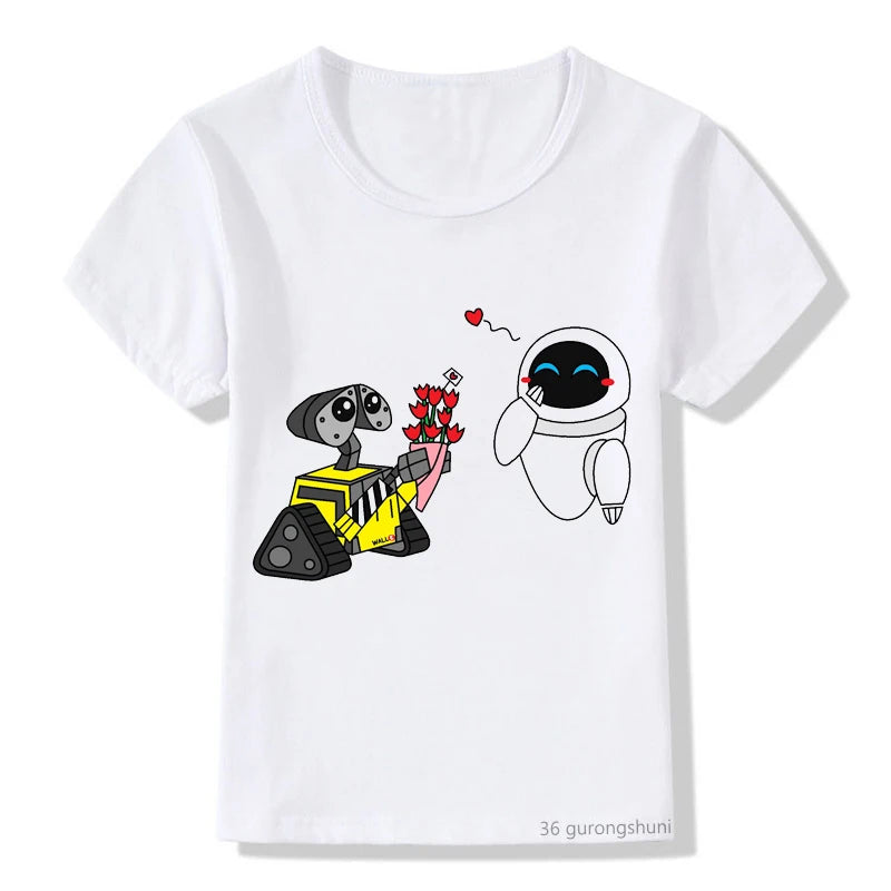 Love Wall Eve Robot Couple Cartoon Funny T-shirt Cartoon Print Summer New Breathable T Shirt Boys/Girls Kids Clothes