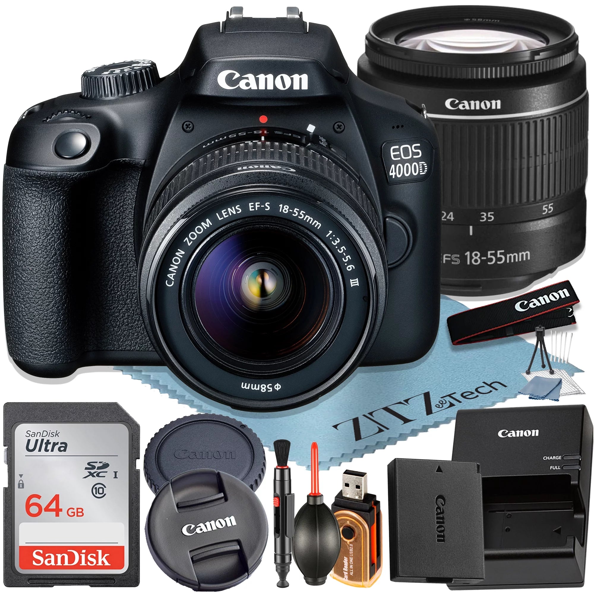 Canon EOS 4000D / Rebel T100 DSLR Camera + EF-S 18-55Mm Lens + Sandisk 64GB Memory Card + Bundle