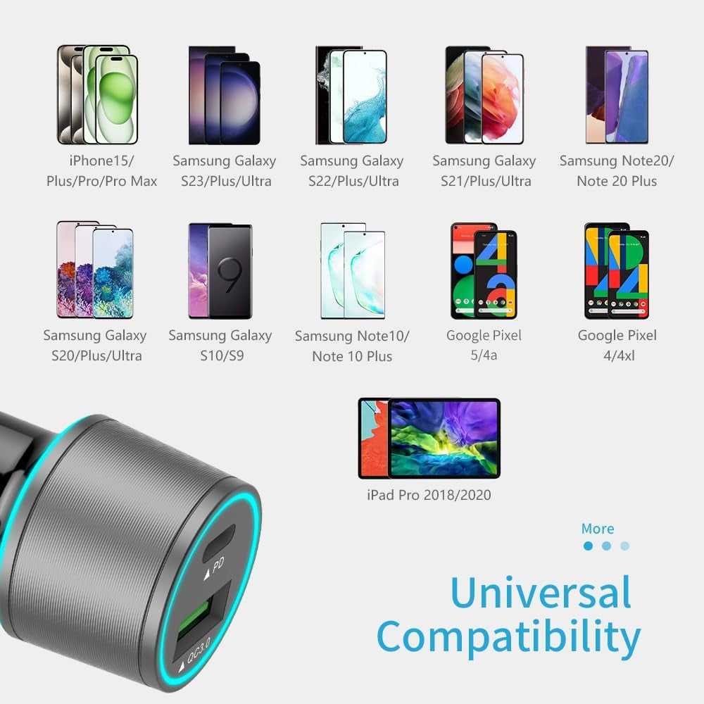 USB C Car Charger, 48W 2-Port Fast Charging Adapter with PD&QC3.0 Compatible for Iphone 16/15 Pro Max/Samsung Galaxy S25/S24/S23/S22/S21/S20 Plus/Ultra/Note 20/10, Ipad Pro-3.3Ft Type C Cord