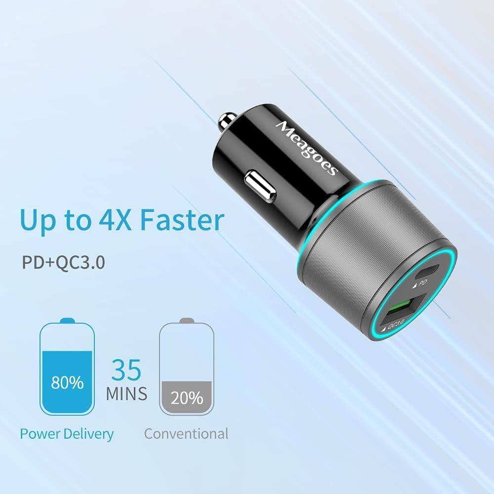 USB C Car Charger, 48W 2-Port Fast Charging Adapter with PD&QC3.0 Compatible for Iphone 16/15 Pro Max/Samsung Galaxy S25/S24/S23/S22/S21/S20 Plus/Ultra/Note 20/10, Ipad Pro-3.3Ft Type C Cord