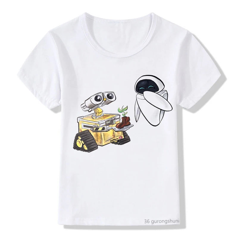 Love Wall Eve Robot Couple Cartoon Funny T-shirt Cartoon Print Summer New Breathable T Shirt Boys/Girls Kids Clothes