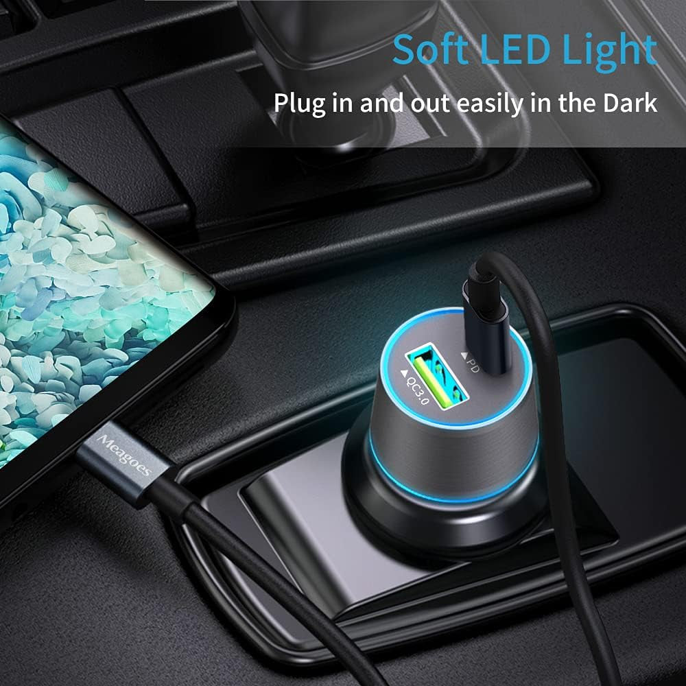 USB C Car Charger, 48W 2-Port Fast Charging Adapter with PD&QC3.0 Compatible for Iphone 16/15 Pro Max/Samsung Galaxy S25/S24/S23/S22/S21/S20 Plus/Ultra/Note 20/10, Ipad Pro-3.3Ft Type C Cord