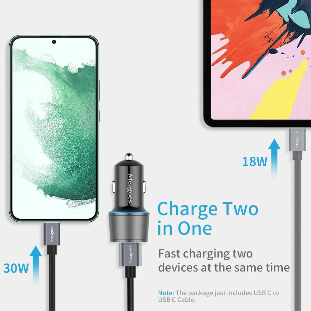 USB C Car Charger, 48W 2-Port Fast Charging Adapter with PD&QC3.0 Compatible for Iphone 16/15 Pro Max/Samsung Galaxy S25/S24/S23/S22/S21/S20 Plus/Ultra/Note 20/10, Ipad Pro-3.3Ft Type C Cord
